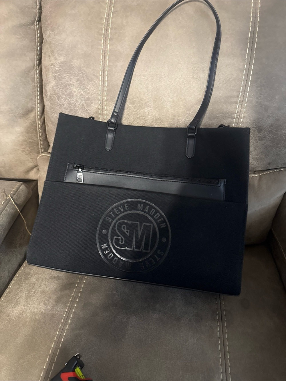 Steve Madden Black Messenger Tote with Front Zip Pocket